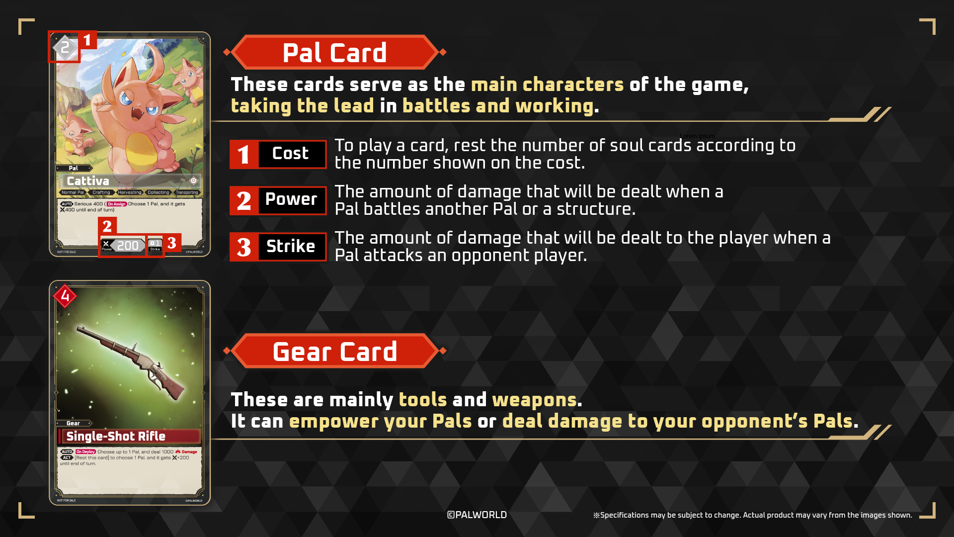 Pal card showing Cost, Power and Strike, and a Gear card that empowers Pals or deals damage
