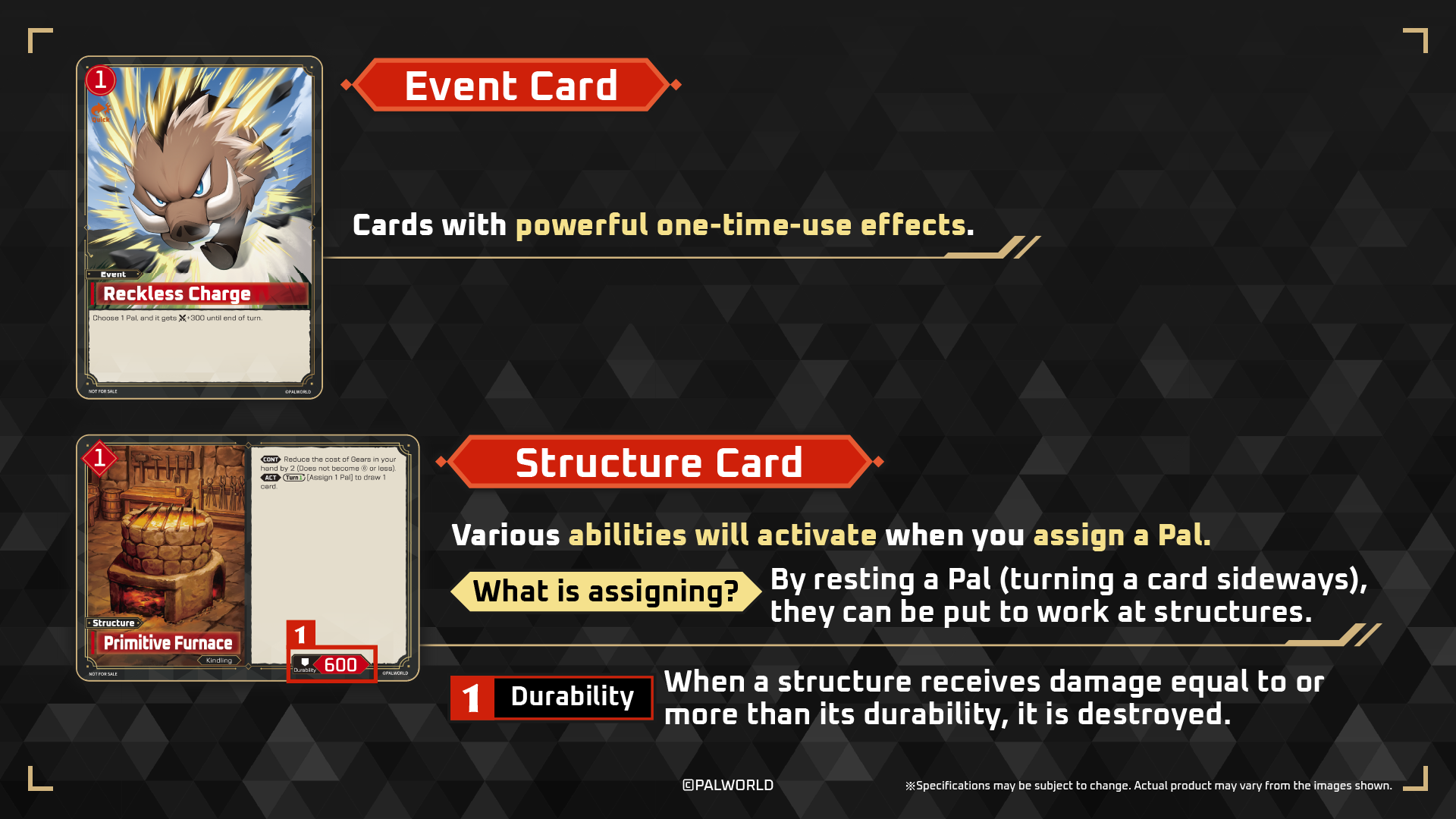 Event card with a one-time-use effect and a Structure card with Durability that activates when a Pal is assigned
