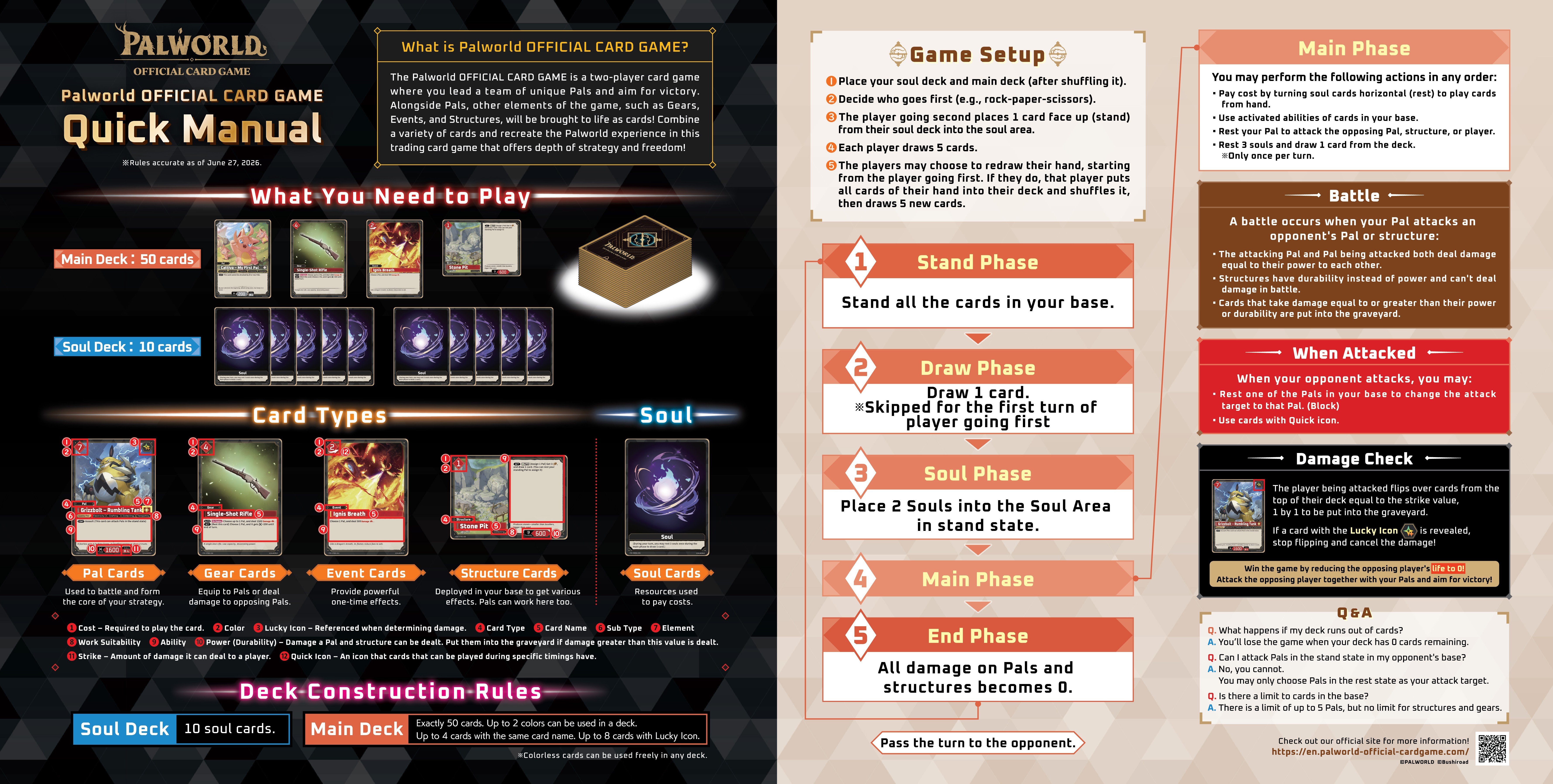 Palworld OFFICIAL CARD GAME full Quick Manual, showing turn phases and rules at a glance