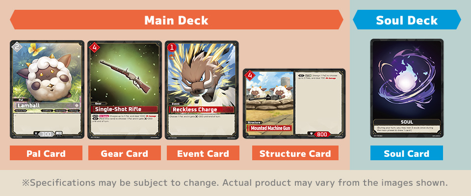 Palworld card game overview: Main Deck holds Pal, Gear, Event and Structure cards; the Soul Deck holds Soul cards