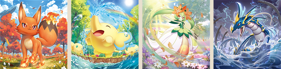 Original Palworld OFFICIAL CARD GAME artwork of four Pals - fire, water, grass, and dragon